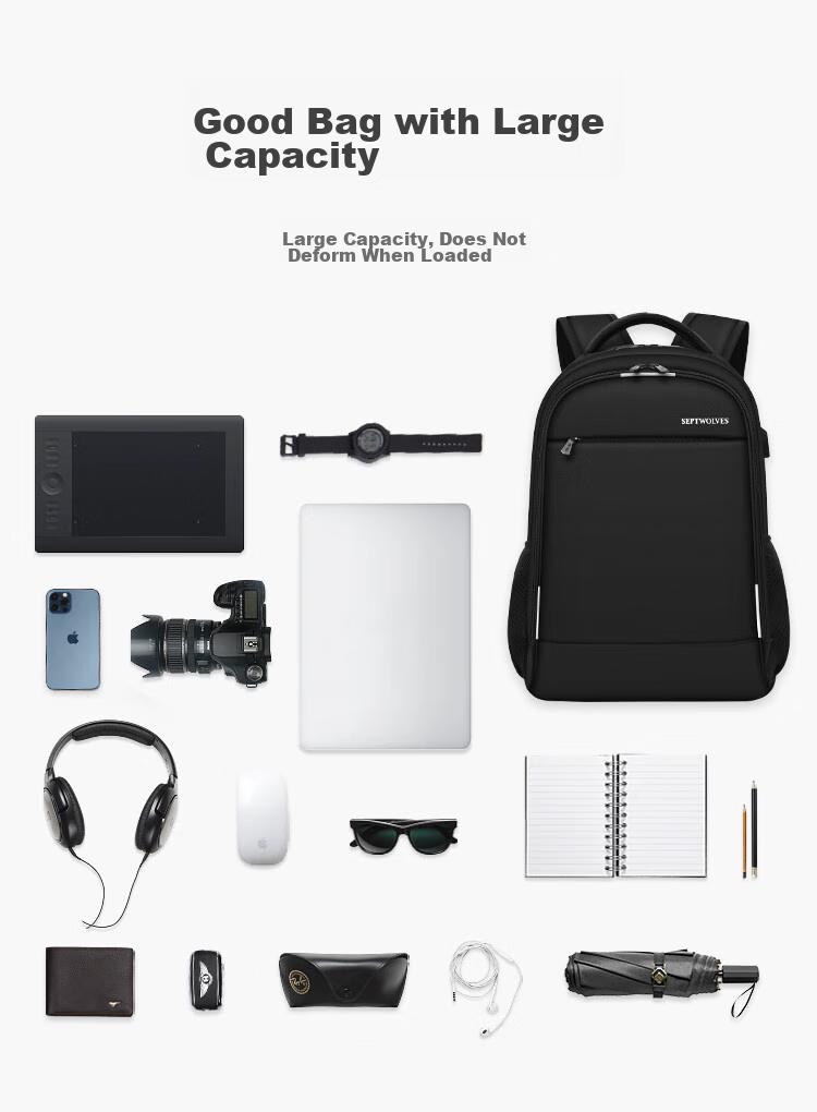 SEPTWOLVES Backpack Schoolbag Shoulder Bag for Men Laptop Bag Travel Business Large Capacity Notebook for Middle And High School Students 15.6 Inch 3