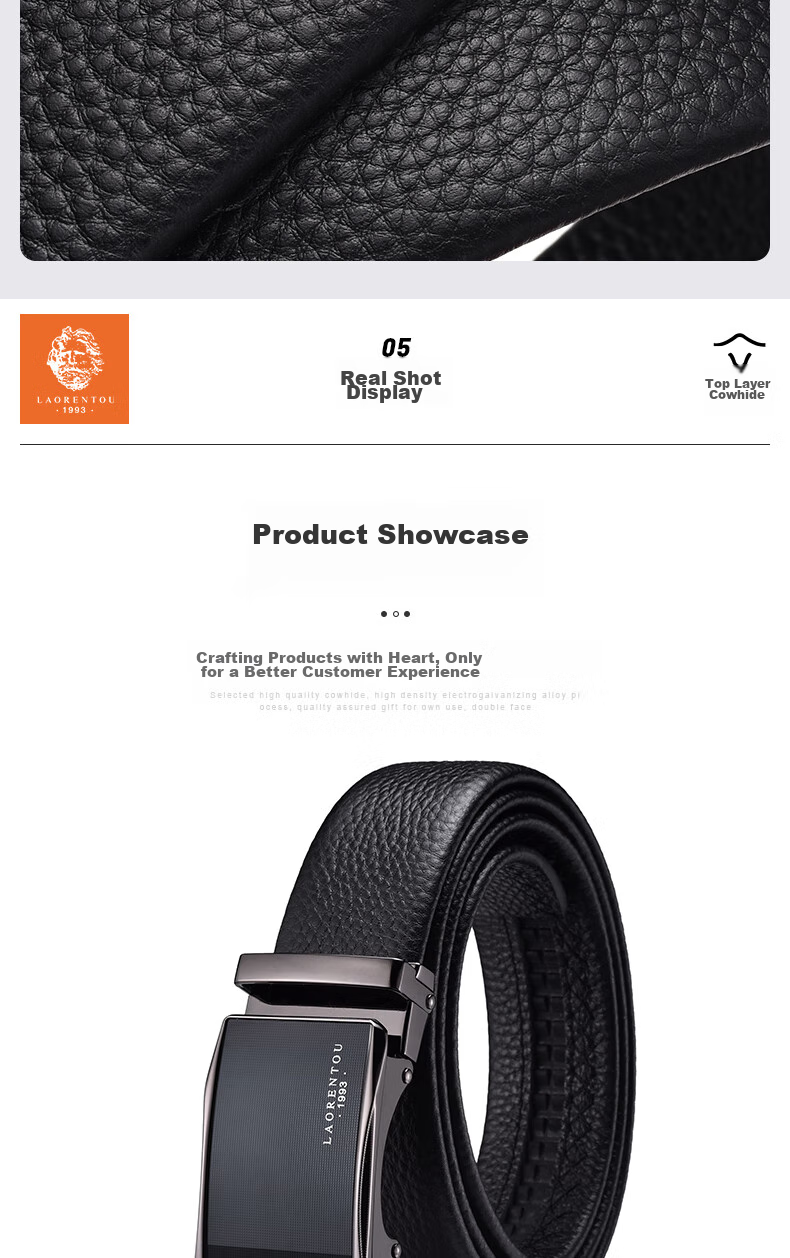 LAORENTOU Men's Belt, Top-Grain Leather, Automatic Buckle, Waist Belt for Young And Middle-Aged Men, Gift for Boyfriend's Birthday, Size 115-125 15