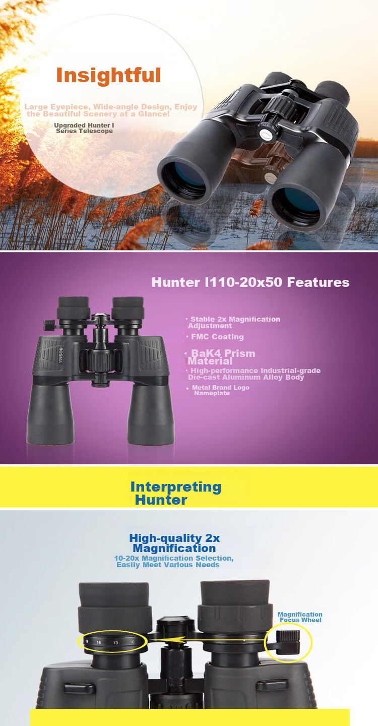 BOSMA Hunter II 10-20X50 Binoculars, High Magnification, High Definition, Low Light Night Vision, Infinite Zoom, Close-Up And Long-Range Adjustable 1