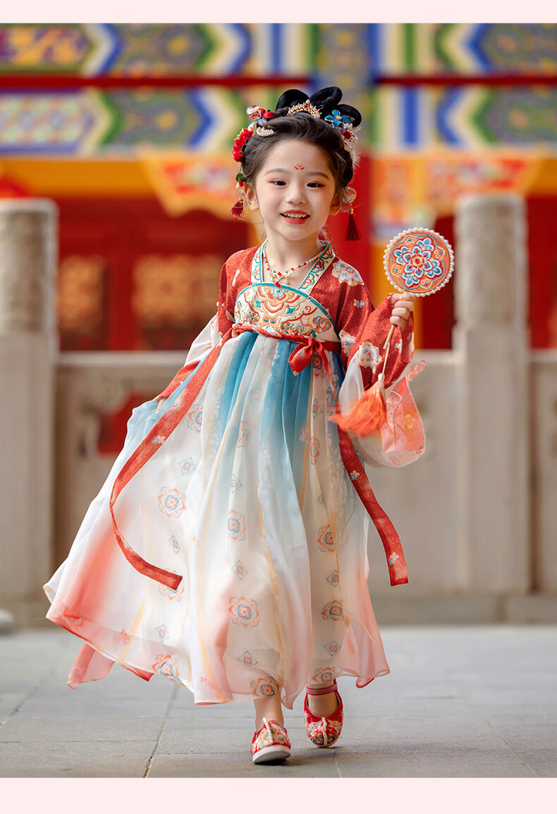 Menghu Yaoguang Hanfu Girls' Traditional Chinese Style Spring and Autumn New Children's Ruqun Dress Red 120cm 10