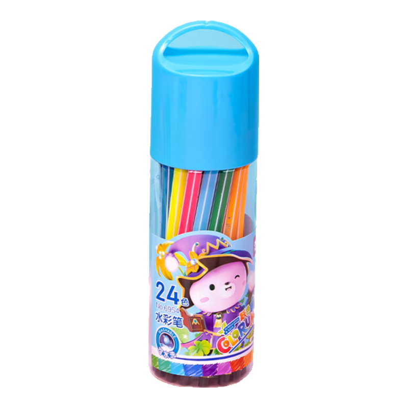 Deli 24-Washable Watercolor Markers (Blue), Hexagonal Barrel, Children's Drawing Colored Pens, Art Supplies Storage Tube, 6954 Watercolor Pens, Graduation Gift for Boys And Girls