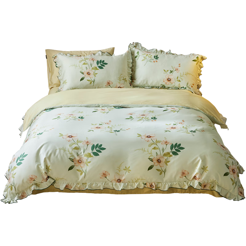 Dohia Home Textiles Pure Cotton Bedding Set, Romantic French Style Cotton Duvet Cover And Bed Sheet Set for 1.8m Bed, 229*230cm with Lotus Leaf Edge Desig