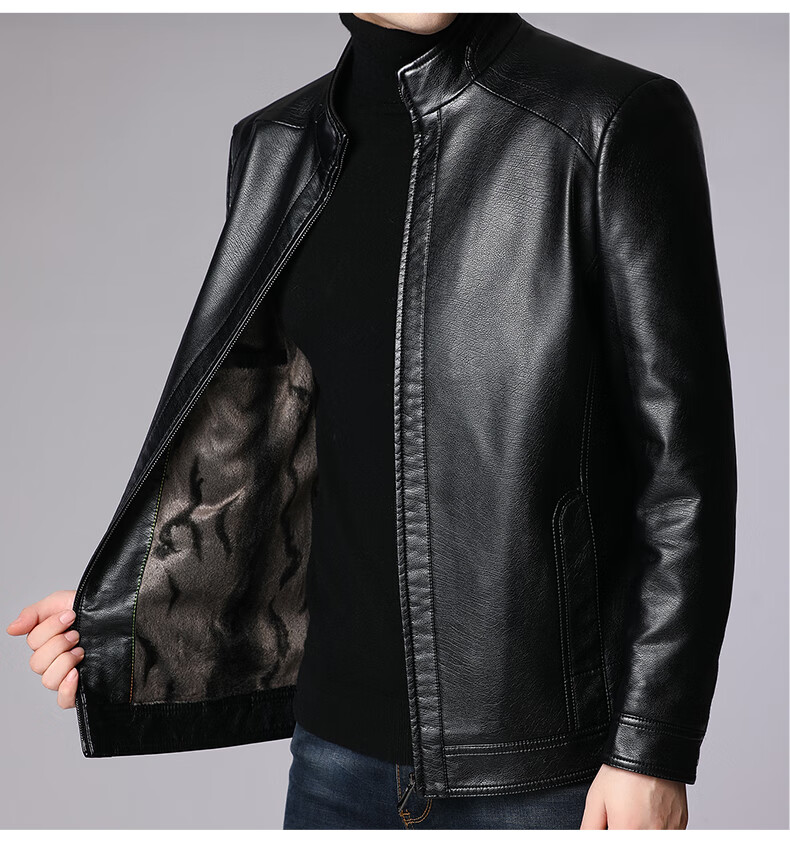 Hengyuanxiang Men's Leather Jacket, 2024 Autumn And Winter Men's Outerwear, Fleece-Lined Thick Casual Lapel Jacket for Middle-Aged And Elderly Me 9