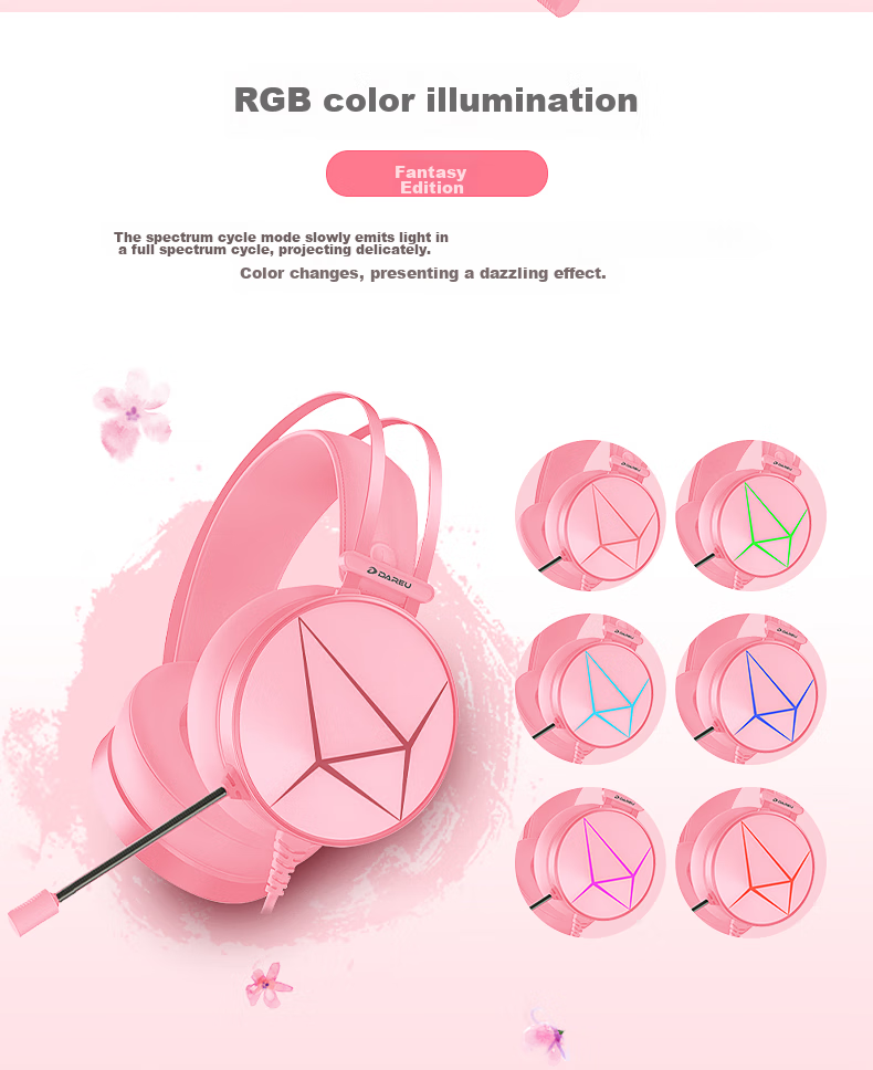DAREU EH722RGB Edition Gaming E-Sports Noise-Cancelling Headset Wired Over-Ear with Microphone for PC 7.1 Channel Sound Positioning for PUBG And Other Games Pink And White 4