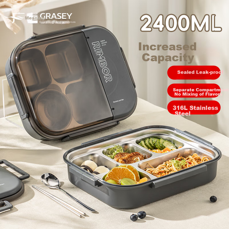 Guangyi 316L Stainless Steel Insulated Lunch Box for Students And Office Workers, Portable Meal Tray with 5 Compartments And Utensils, Black GY7493