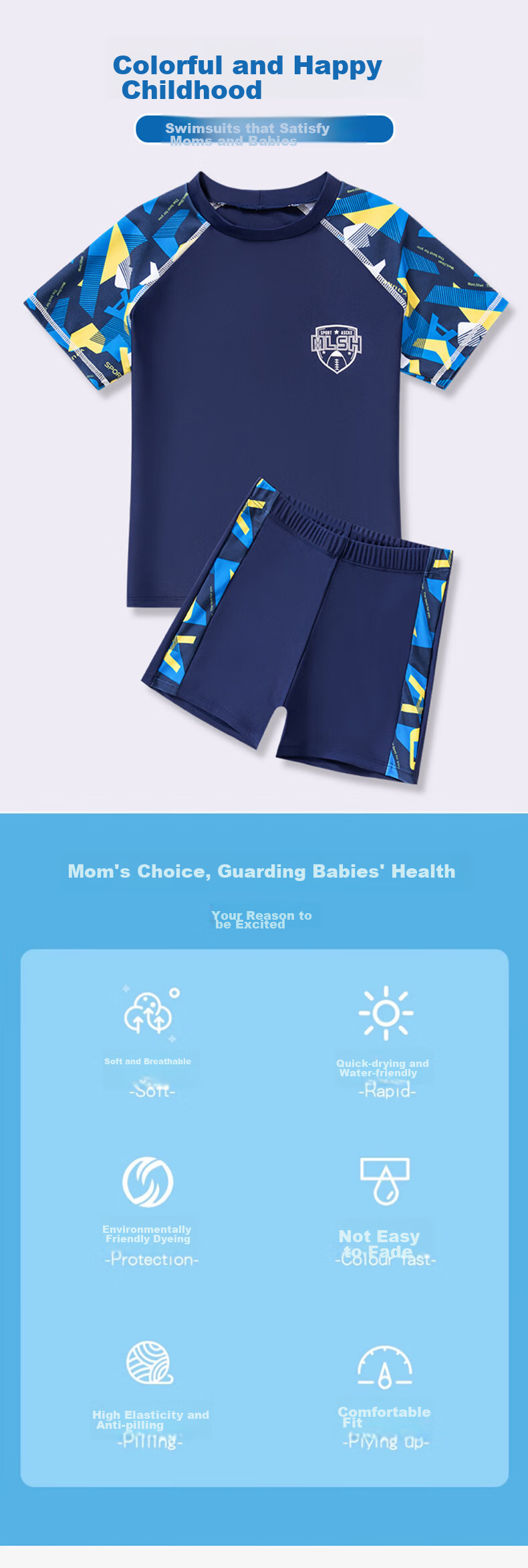 Babyprints Boys' Swimwear Set, Short-Sleeve Two-Piece Swimsuit, Quick-Dry Top And Shorts, Swimming Gear for Older Children, XL Size 1