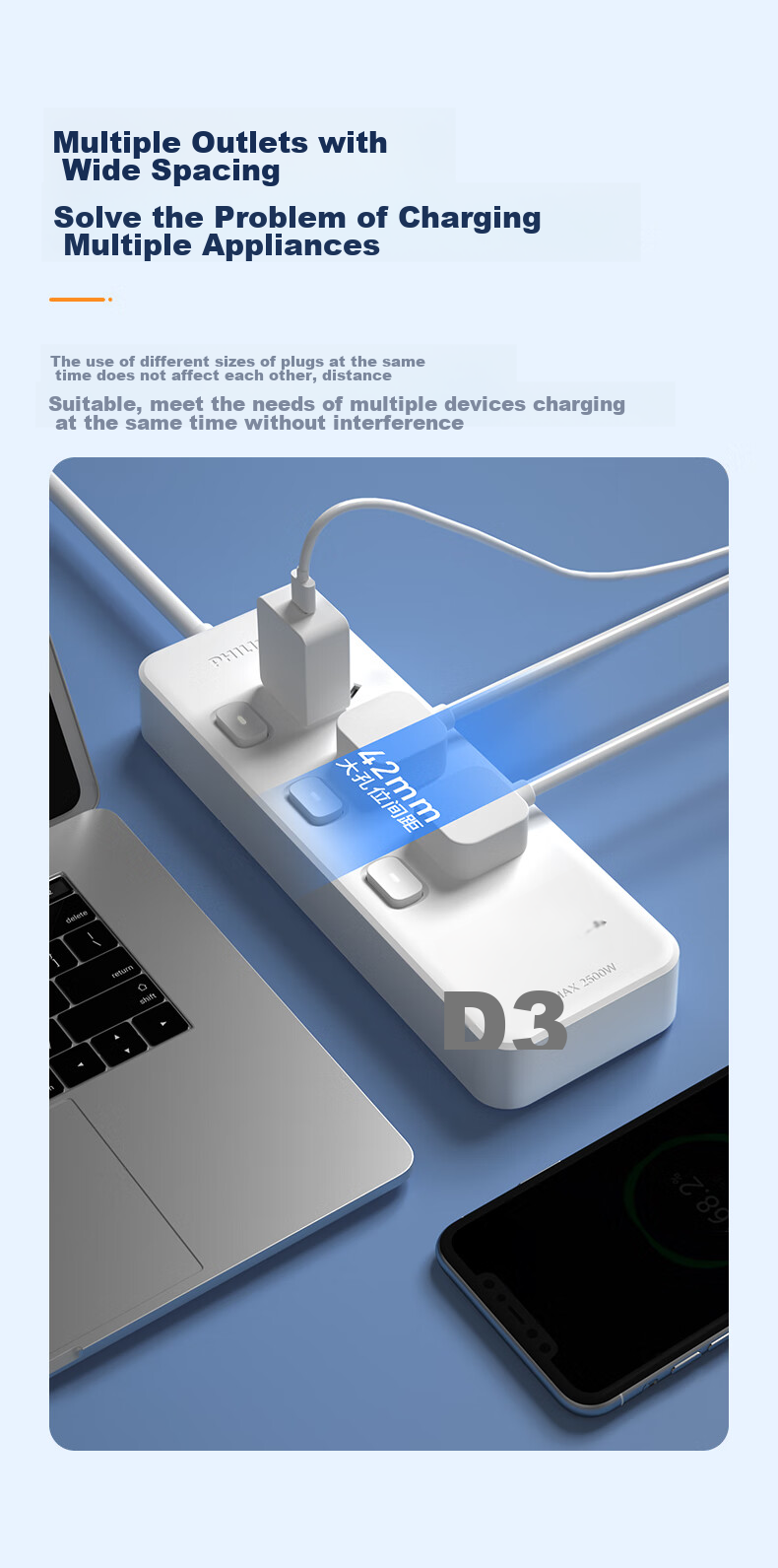 PHILIPS 5-Outlet Independent Switch Power Strip 0.2m Short Extension Cord Kitchen Socket Multi-Outlet Power Board 6
