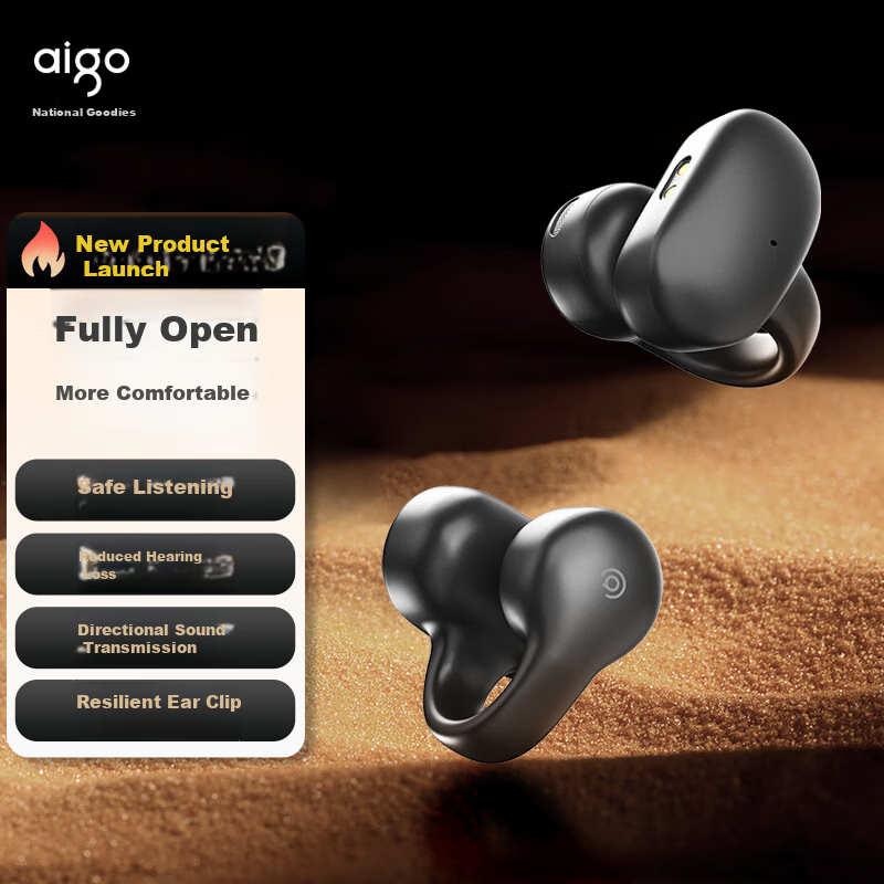 Aigo Bluetooth Headphones, Bone Conduction Concept Air Conduction Ear Clip Open-Style Non-In Sports Calling Headphones, Compatible with Xiaomi And Other Phones, Tablets, Computers, Universal TX02 Black