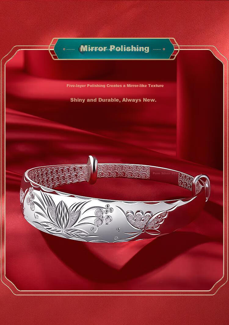 Yunjinli Silver Bracelet for Mom 999 Pure Silver Wide Ethnic Style Embroidered Splendid Years Push-Pull Silver Bangle Birthday Gift for Elders 11