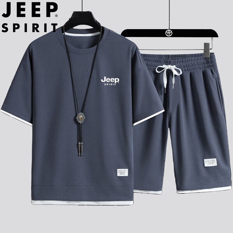 JEEP SPIRIT Summer Short-Sleeve T-Shirt for Men, Shorts Running Sports Set Casual Two-Piece Outfit, Gray, 3XL