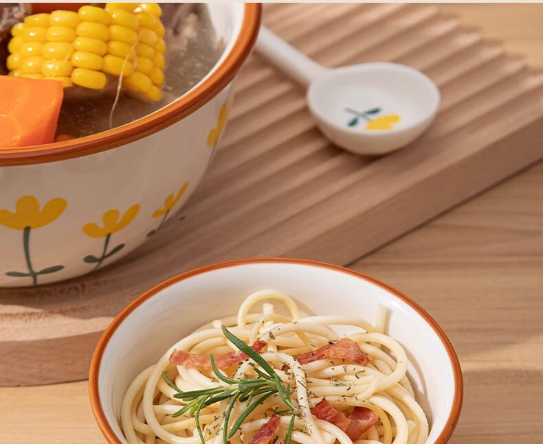 CERAMICS, Shanjuhua 9.5-Inch Double-Handled Soup Bowl, Home Use, High Aesthetic Value, Fresh Ceramic Large Bowl, Heat-Resistant Noodle Bowl with Spoo 6