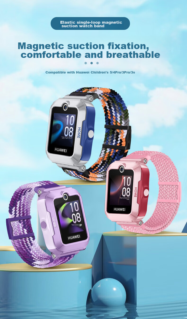 KMaxAI Magnetic Elastic Watch Strap Compatible with Huawei Children's Smartwatches 5/4 Pro/3 Pro/3S Dopamine Sports Watch Band, Woven Single Loop Wristband, Denim 1