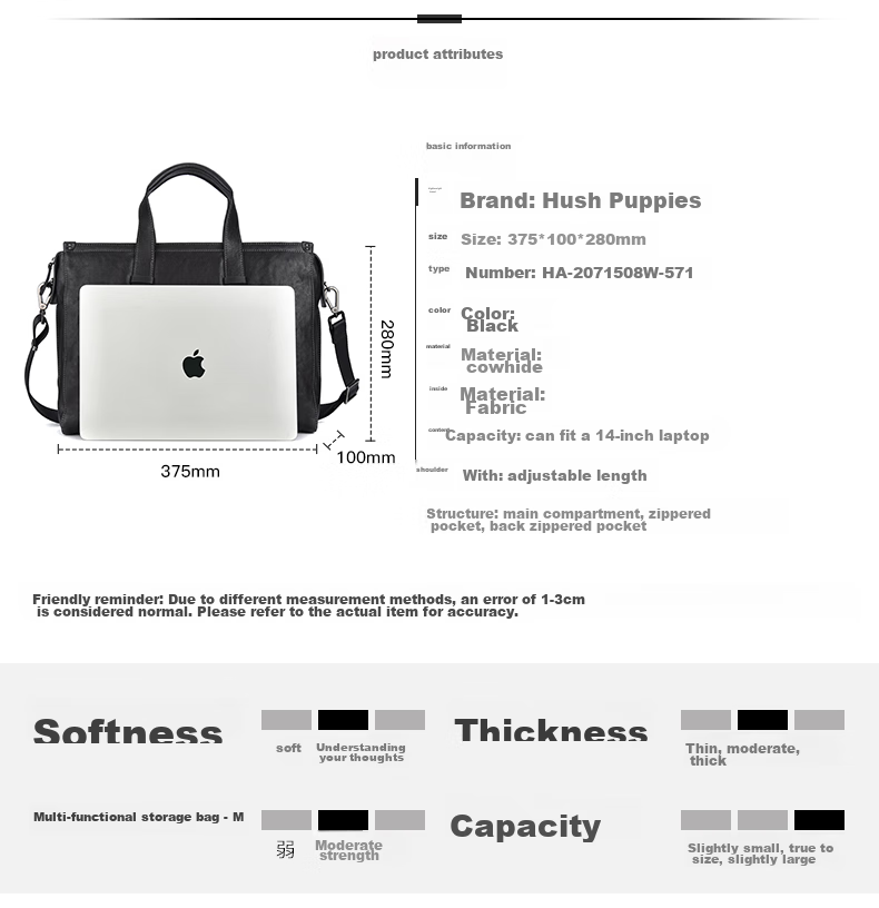 Hush Puppies Briefcase, Men's Handbag, Genuine Leather, Business Large Capacity Laptop Bag, 14 Inches, Gift for Boyfriend 10