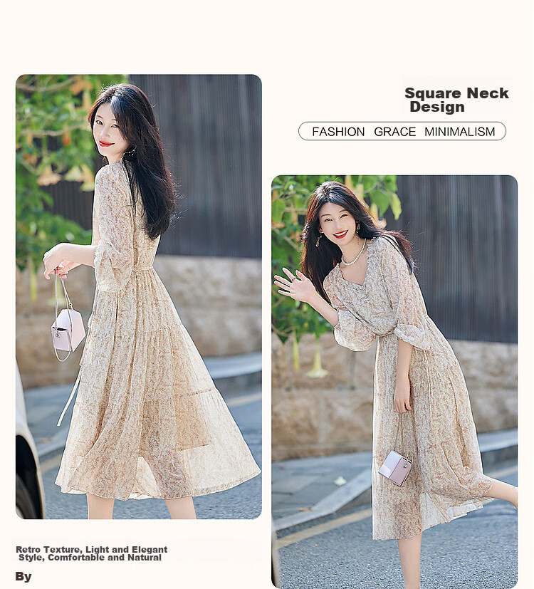 Dme [Fresh And Comfortable] Spring And Autumn Lightweight Chiffon Floral Print Women's Dress, Square Neckline, Ruffle Trim, Puff Sleeves, One-Piece Dress 5