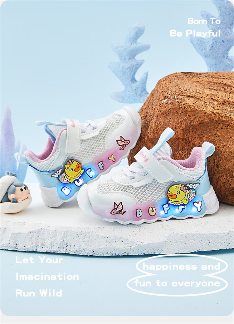 B.Duck Children's Shoes, Girls' Walking Shoes, Baby Light-Up Shoes, Summer Breathable Mesh Sneakers, 3906 White, Size 27 6