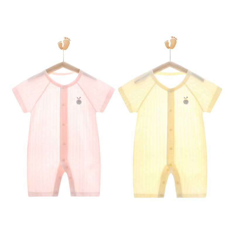 Babyprints Infant Clothes, 2-Piece Set, Newborn Onesie, Short-Sleeve Baby Romper, Pure Cotton Thin Jumpsuit, Pink And Yellow, Size 59