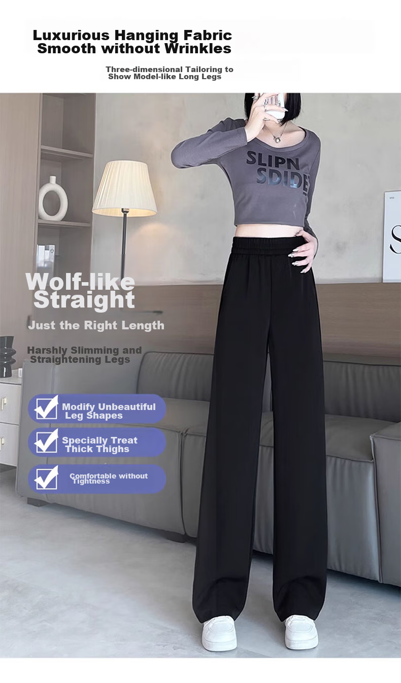 LangSha Black Straight-Leg Dress Pants, Summer Ice Silk Draping High-Waist Wide-Leg Pants for Women, Loose-Fitting Slimming Casual Trousers 10