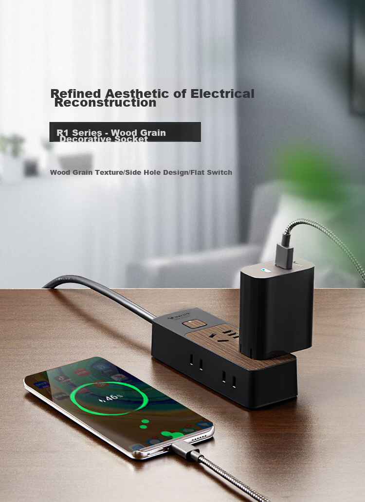 BULL Power Strip / Extension Cord / Surge Protector / Multi-Outlet Strip / Power Board / Cable Reel with Master Switch, 4 Outlets, 1.8m, Black Wood Grain, GN-R1220 1
