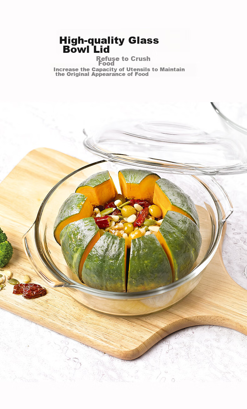 GLASSLOCK Imported Tempered Glass Bowl with Lid, Microwave-Safe Large Salad Bowl, Transparent Double-Handled Soup Bowl Tableware 1030ml 2