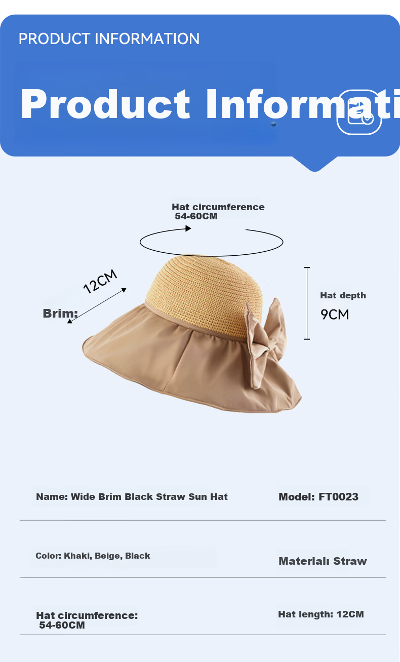 FitonTon Women's Wide Brim Sun Hat, UV Protection Black Gel Visor Cap, Summer Outdoor Versatile Straw Hat 11