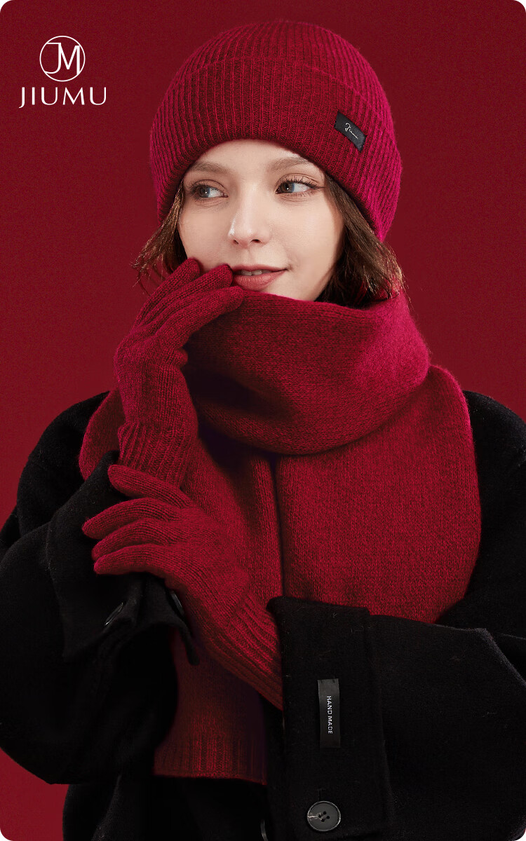 JIUMU Pure Wool Warm Scarf, Hat And Gloves Three-Piece Set for Women, Winter Birthday New Year Gift for Girls, Gift Box Packaging 1