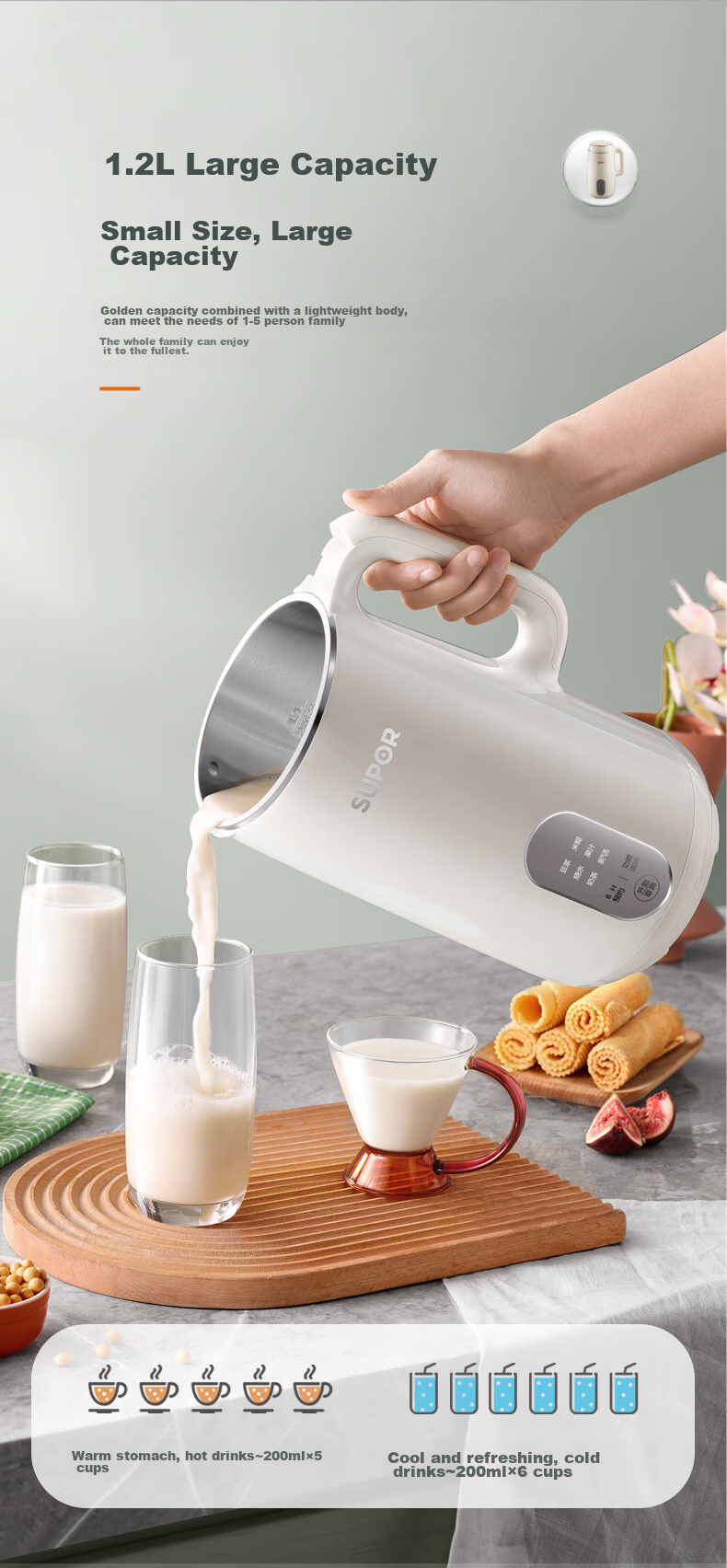 SUPOR Soy Milk Maker, 1.2L Large Capacity, Fully Automatic, No Cooking Or Filtering Required, Multifunctional, 12-Hour Reservation, for 3-4 People, Home Juicer, DJ12B-P33E 6