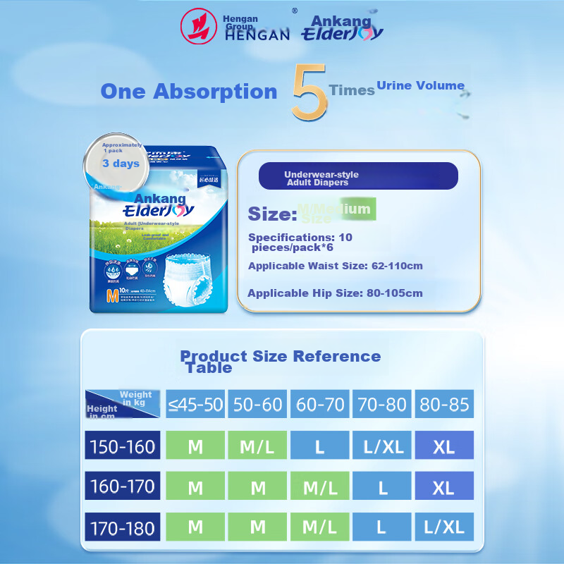 Elderjoy Adult Pull-Up Diapers, M Size, 60 Pieces, Waist Circumference 80-105cm, Underwear-Style Disposable Diapers for Travel And Peace of Mind
