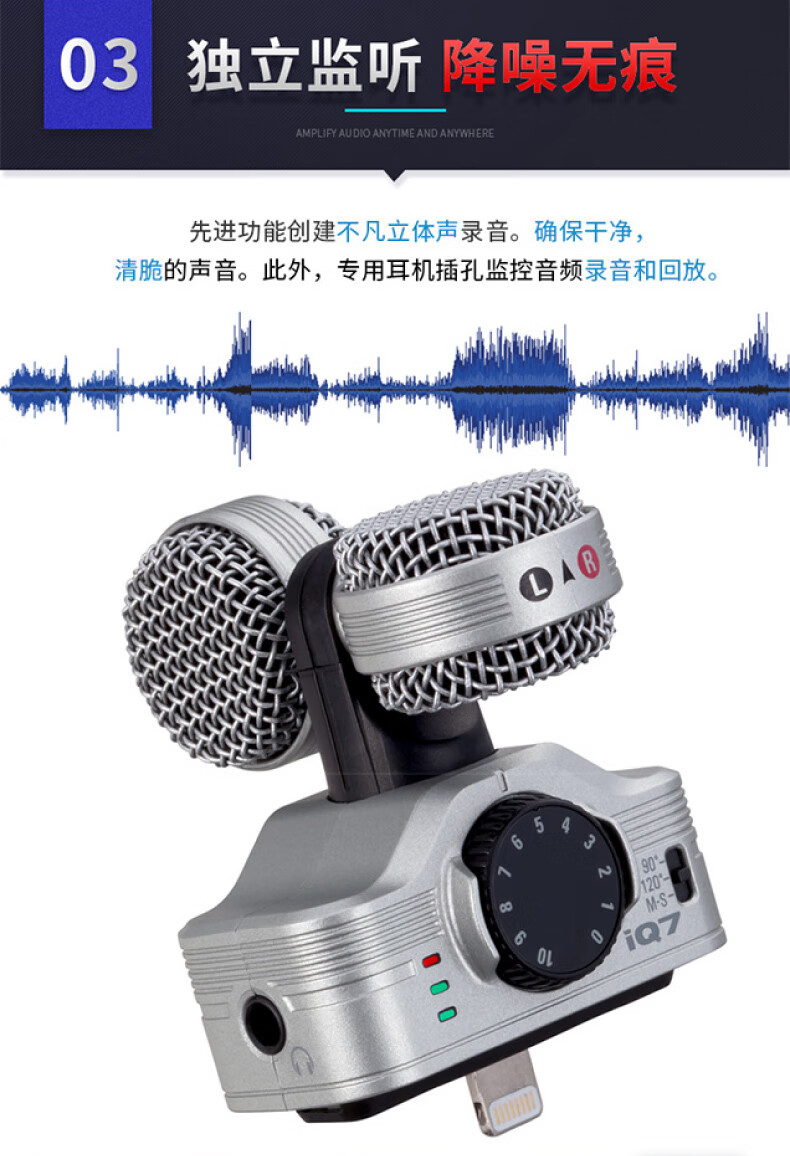 ZOOM IQ7 Apple Plug-And Stereo Microphone, External Recording Microphone for IPhone/iPad 1