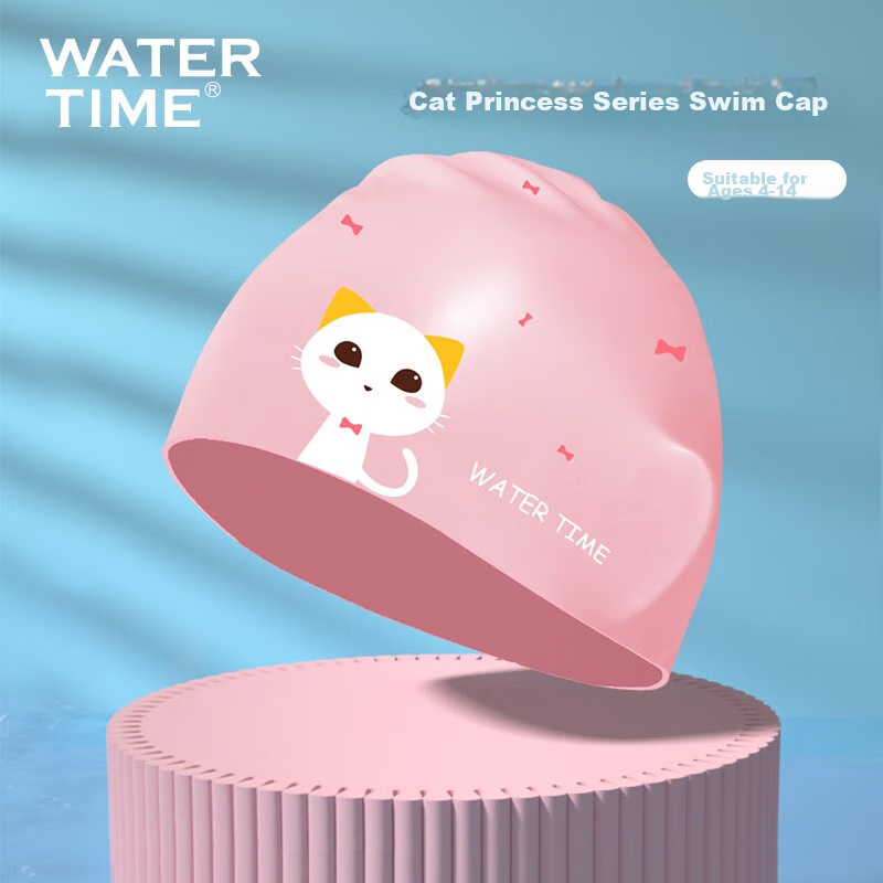 Детская шапочка для плавания WATERTIME с принтом "Кошачья принцесса", водонепроницаемая, из силикона, защищает волосы, для мальчиков и девочек