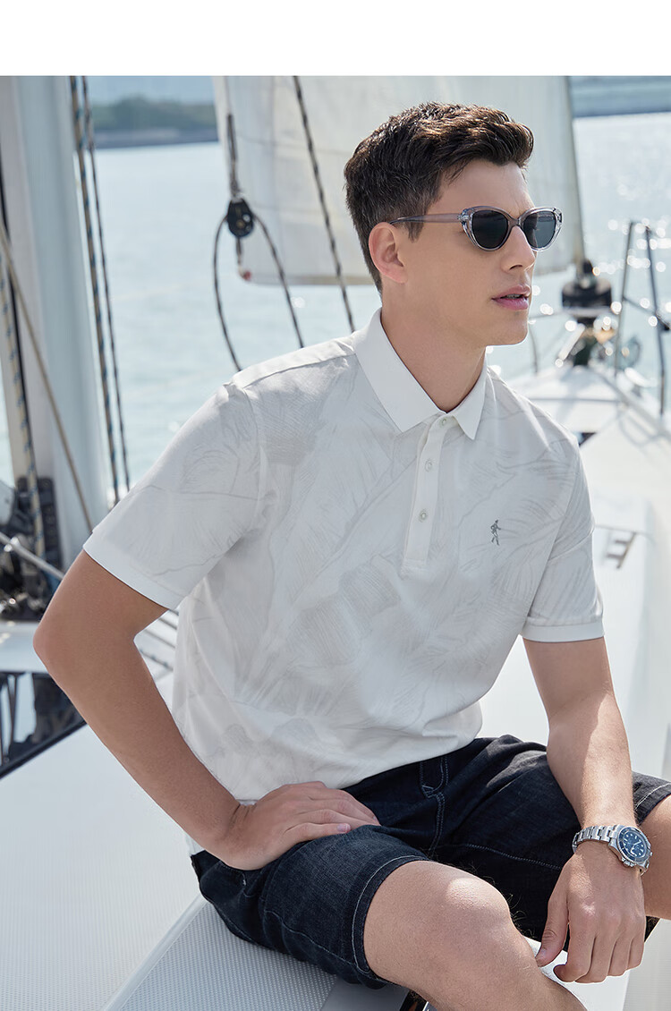 DANCING WOLVES [7A Antibacterial] Summer Cool-Feeling Mulberry Silk All-Over Men's Short-Sleeve POLO 803 Pure White S(165) 9