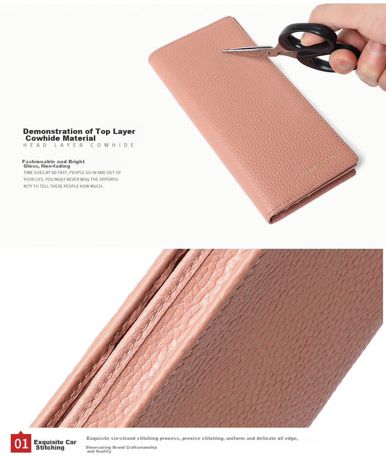 Viney Top-Grain Leather Wallet for Women, Long Style, Large Capacity, Mom's Clutch Bag, Simple Luxury Student Coin Purse, Leather Wallet, Money Clip 9
