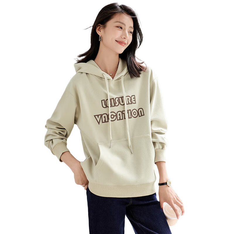 Chushen Spring And Autumn Women's Hoodie, Wilderness Maillard Hooded Drawstring Letter Print Casual Long-Sleeve Top S143W1007