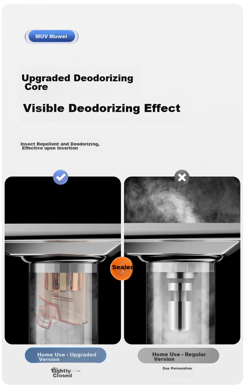 Muvi Drain Anti-Odor Core, Sewer Deodorizer, Bathroom Drain Anti-Odor Device, Anti-Backflow Pipe Blocker 6