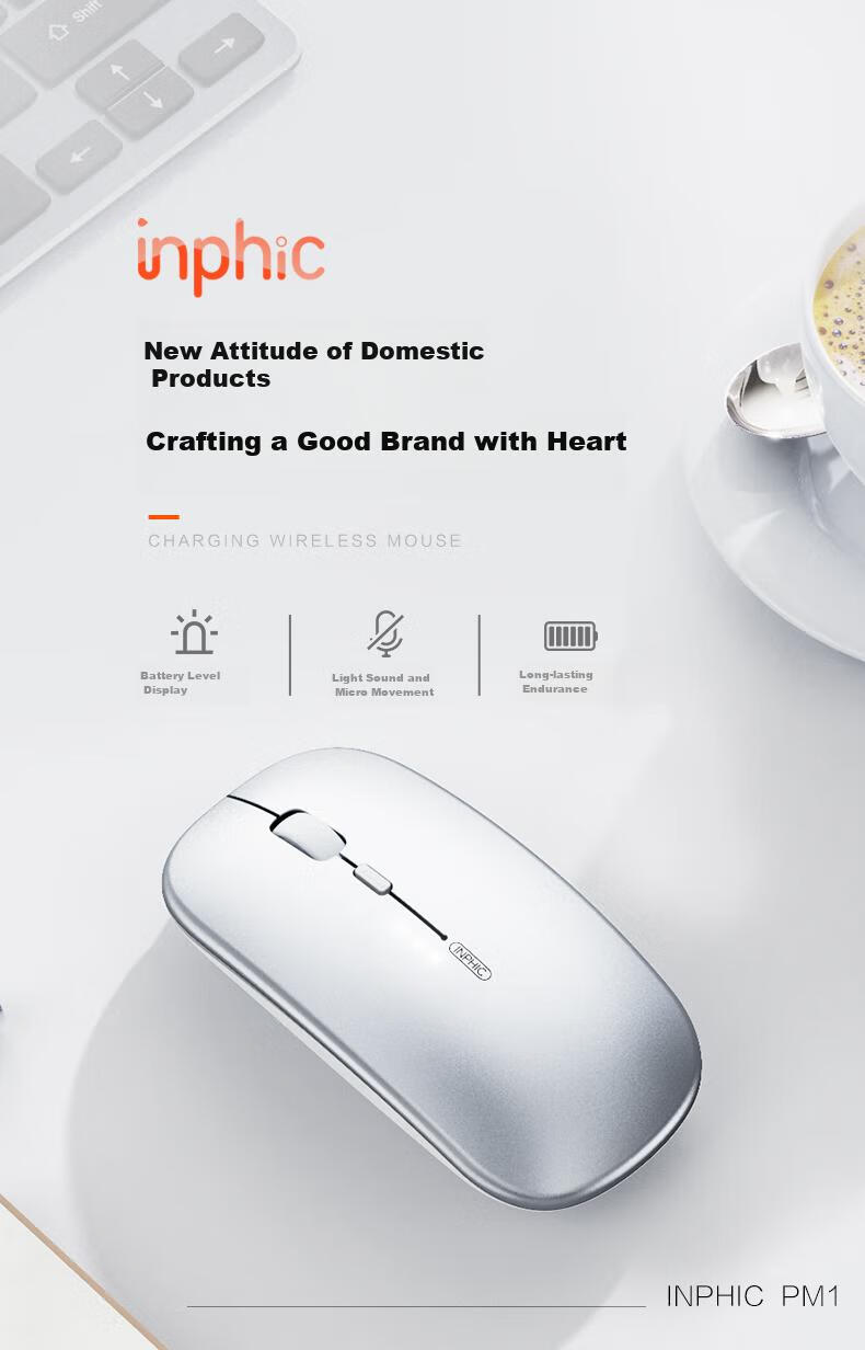 INPHIC M1 PRO Wireless Bluetooth Tri-Mode Rechargeable Silent Mouse with Battery Indicator, Compatible with Laptops, Bluetooth 5.0, Metal Gray 3