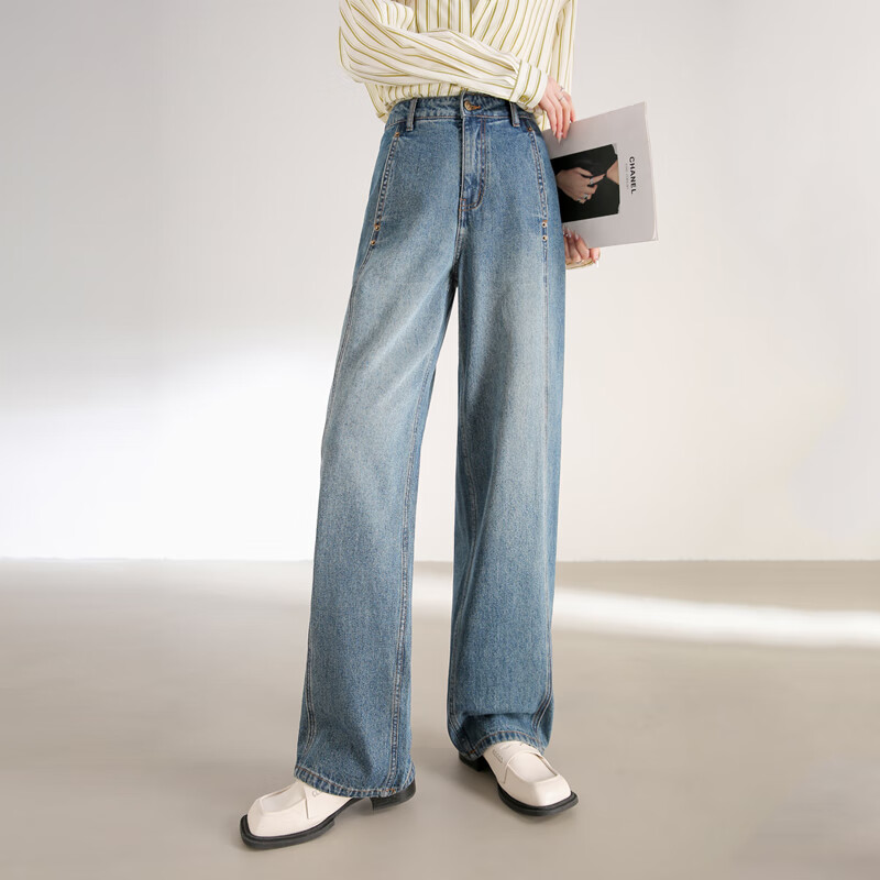 Sentubila Pure Cotton Straight-Leg Jeans for Women, Spring And Autumn Long Pants, Loose-Fitting Slimming Retro Versatile Trousers, Denim Blue, Size L