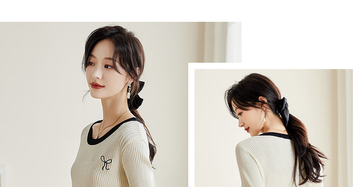 PinCai Women's Knit Sweater, Early Autumn Round Neck Bow Embroidery Knit Top, Slim-Fit Base Layer Sweater P143Z3009 56