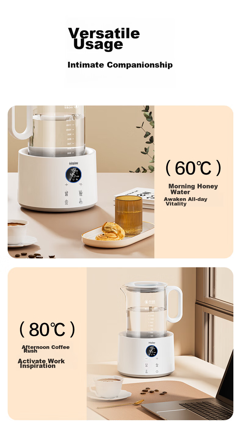 Haier 1.7L Electric Kettle Double-Layer Anti-Scald 304 Stainless Steel High Power Precise Boiling Fast Quiet Dual Power K617WJ White 12