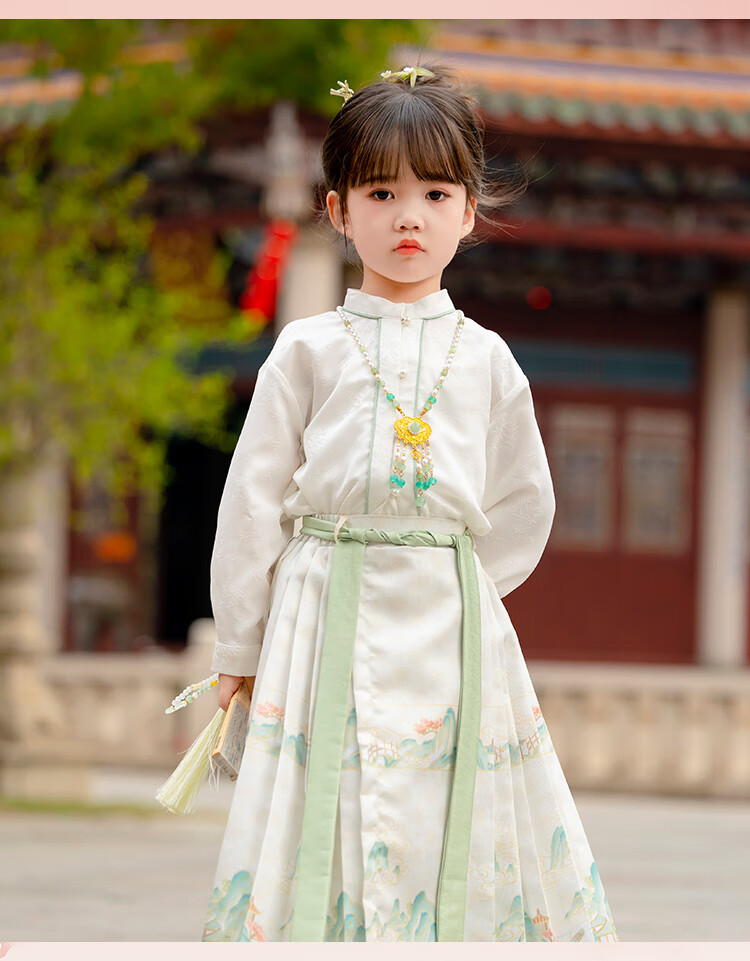 Menghu Yueqing Mountain Hanfu Girls' Spring New Style Children's Chinese-Style Ancient Costume Ming Dynasty Horse-Face Skirt Set, Pink Horse-Face Skirt, Size 100 12