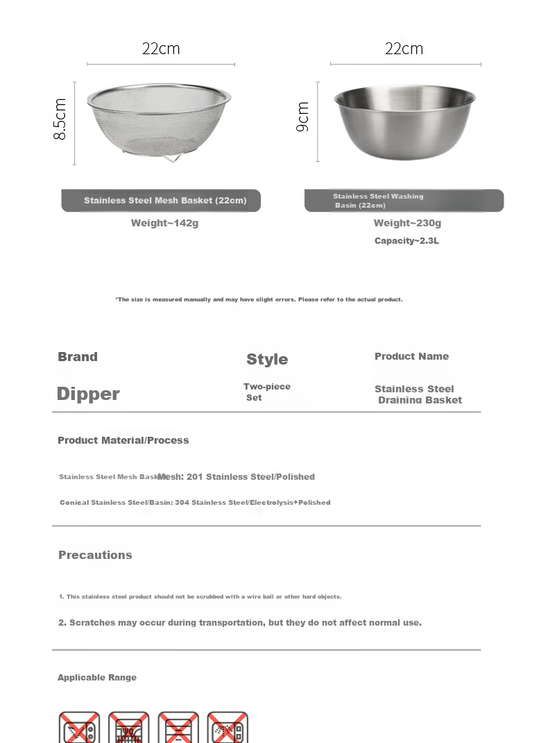 Dipuer 304 Stainless Steel Colander, Draining Basket, Kitchen Fruit Washing Basin, Water Strainer, Rice Washing Tool, Rice Sieve 4