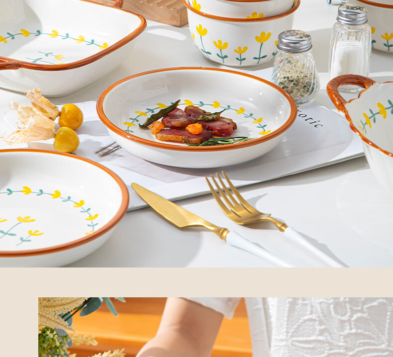 CERAMICS Underglaze Ceramic Bowl And Plate Dinnerware Set, Simple Home Dining Set with Rice Bowls, Plates, Chopsticks And Complete Tableware Set, Mountain Chrysanthemum Pattern, 8 Pieces 4