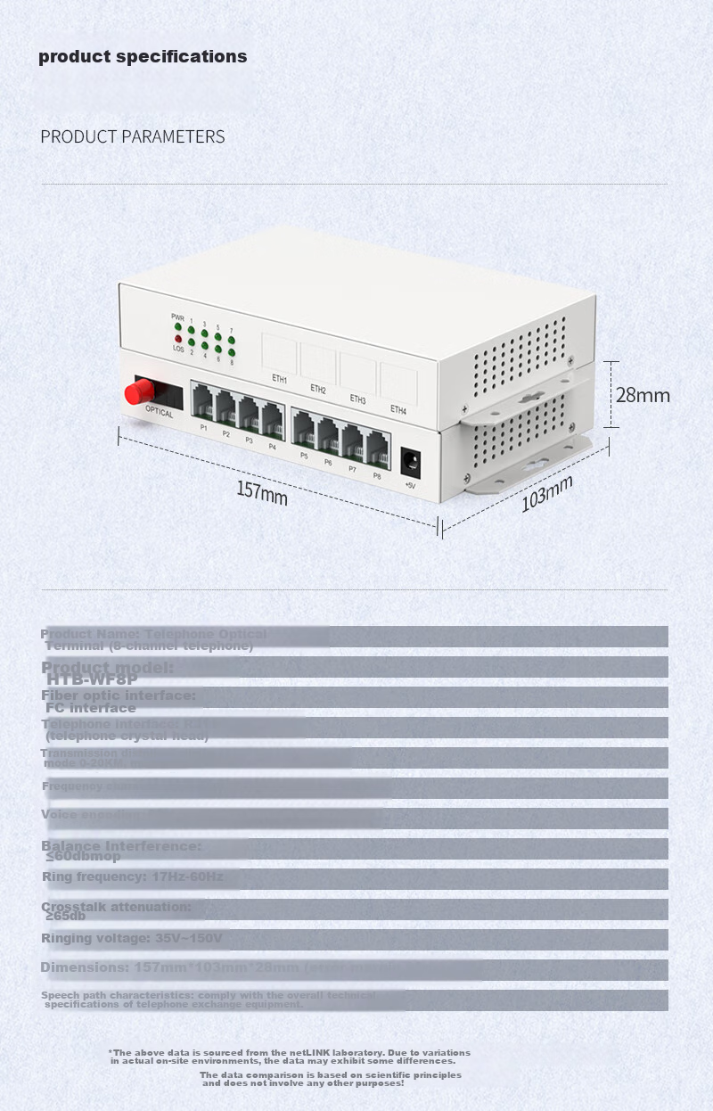 NetLINK HTB-WF8P, 8-Channel Telephone Optical Terminal, PCM Voice Optical Terminal, Telephone to Fiber Optic Converter And Extender, FC Port, One Pair 12