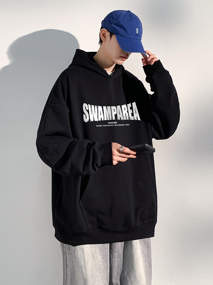 SWAMP AREA American-Style Hooded Men's Sweatshirt, Spring And Summer Loose-Fitting Heavy Casual College-Style Pullover Top, SAR02 Black L 2