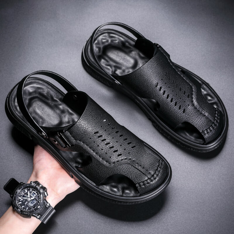 CARTELO CARTELO Outdoor Men's Sandals, Breathable Two-Way Beach Shoes, Men's Hole Shoes, Leather Sandals, 9812 Black, Size 38