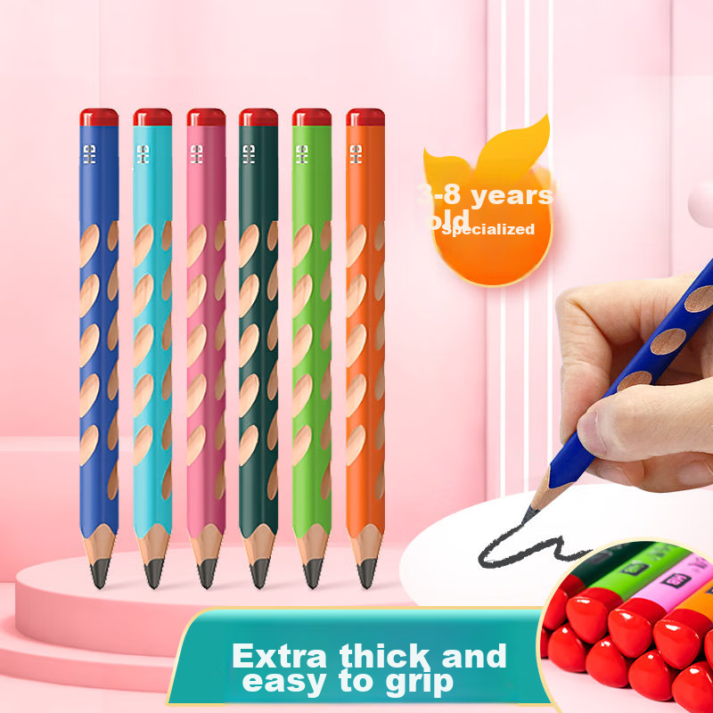 Huaxiawanjuan HB Thick Barrel Perforated Pencil for First And Second Grade Students, Correct Posture Pencil, Thickened Colorful Triangular Three-Sided Non-Toxic Pencil for Elementary School And Kindergarten, Cartoon Box Packaging