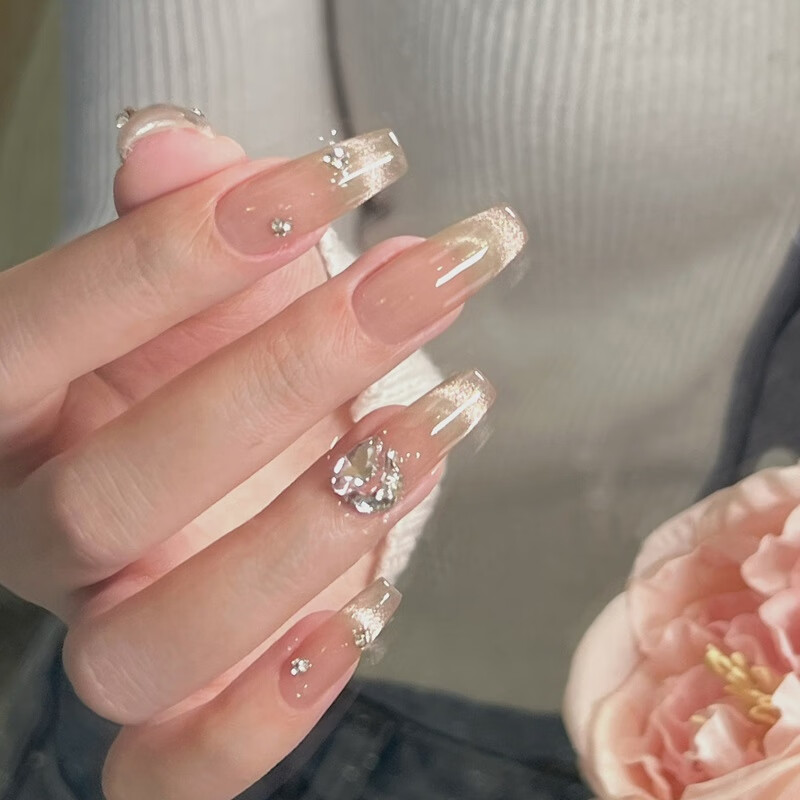 Yushangjiaren Nail Stickers Medium-Long Style for Nail Art, Rhinestone Cat Eye Fake Nails, Jelly Gel Removable with Tools 2