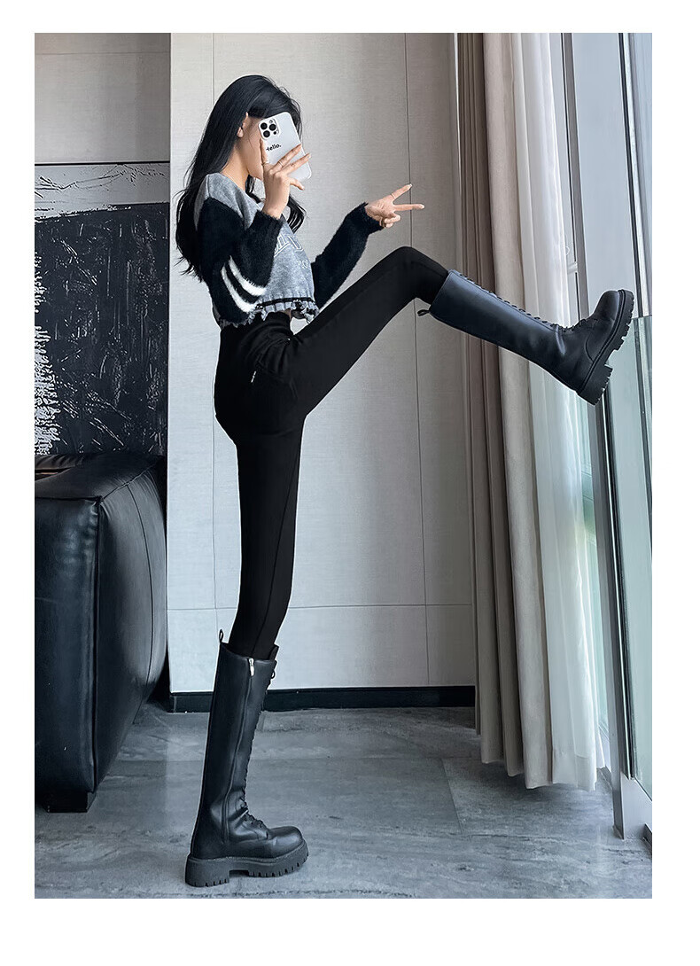 FitonTon High-Waisted Leggings for Women, Outer Wear Autumn Winter Style, Black Tight-Fitting Pencil Skinny Pants with Three Buttons, Small Black Trousers, Black, Size S 30