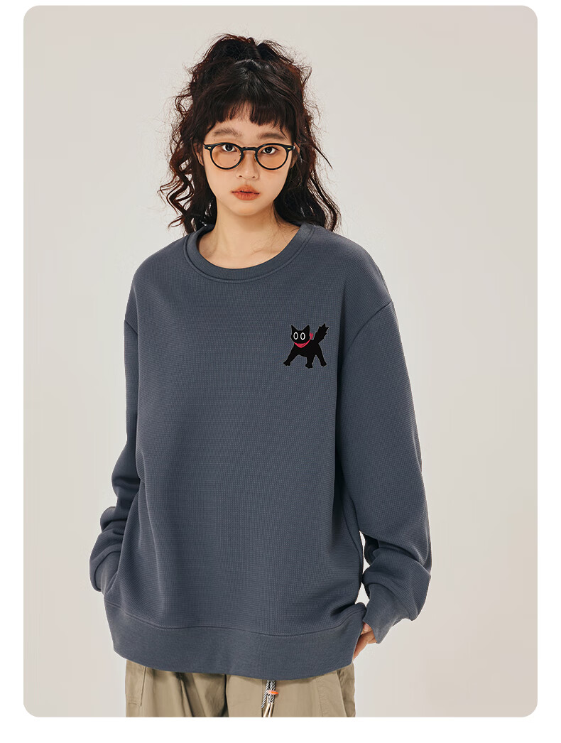 Baleno Waffle Knit Sweatshirt for Men, Spring Student Trendy Cartoon Long-Sleeve Jacket, Round Neck Couple's Oversized Pullover Top 11