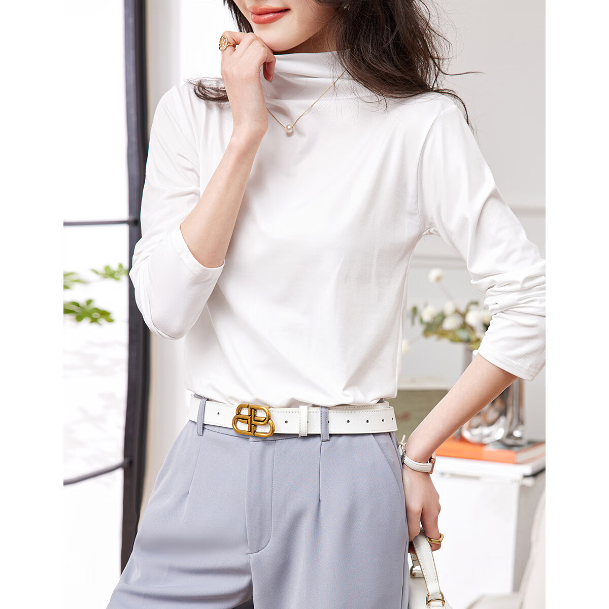 Dme [Gentle Face Mask T] Winter Commute Semi-Turtleneck Regular Shoulder Base Layer, High-Elasticity, Accommodating, Loose-Fitting Women's T-Shirt