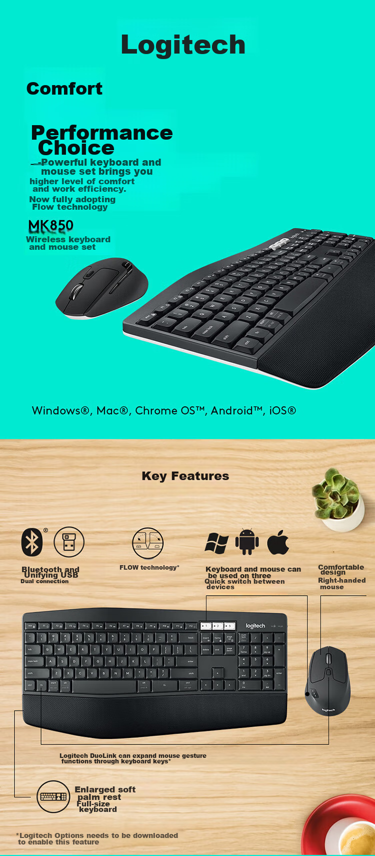 Logitech MK850 [Enterprise Grade] Wireless Bluetooth Office Keyboard And Mouse Combo, Mac IPad Computer Keyboard Dual-Mode Connection with Palm Rest, Black [Group Purchase Discount] 1