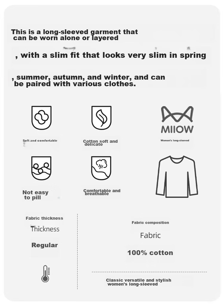 MiiOW Pure Cotton Long-Sleeve T-Shirt for Women, Spring And Autumn Warm Inner Layer, Loose Round Neck Undershirt, Casual Comfortable Top, Women's Autumn Wear 3